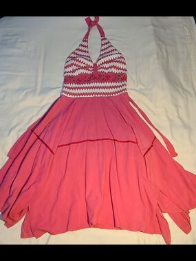 Pink Halter Sundress with White Zigzag Bodice